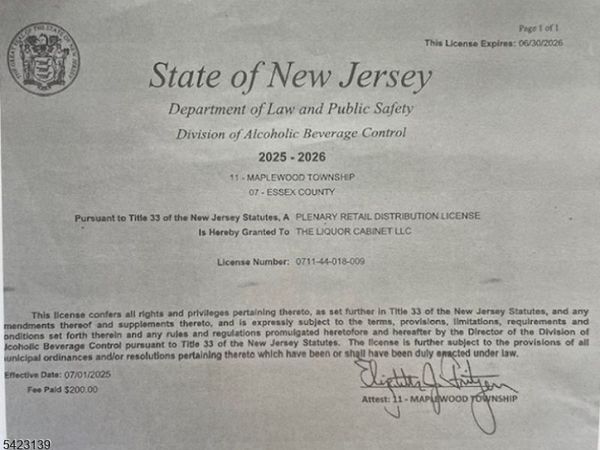 0 Liquor License for Sale, Maplewood, NJ 07040